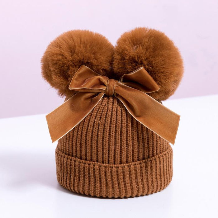 Double Plush Ball Kids Thickened Knit Bow Hat