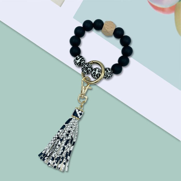 PU Leather Tassel Silicone Bead Bracelet Keychain