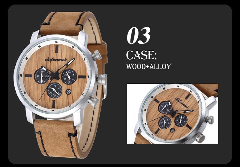 New Multifunctional Timing Fashion Sports Quartz Wood Watch Men