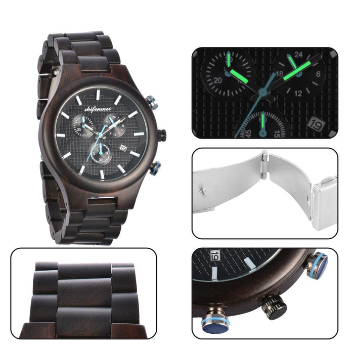 Classic Fashion Multifunctional Waterproof Three Eye Wooden Quartz Watch