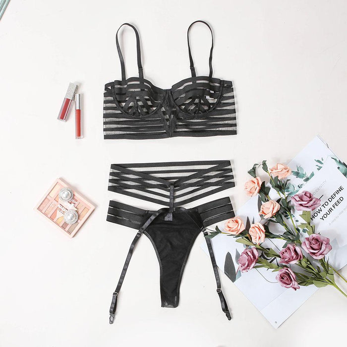 Sexy Hollow Lingerie Women Mesh Underwear Three Piece Set