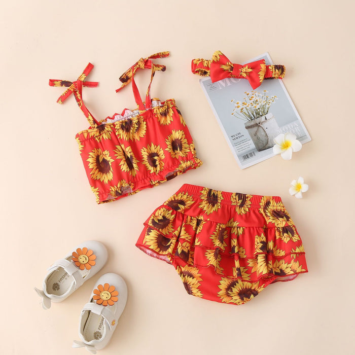Baby girl's suspender sunflower Top + skirt shorts three piece set