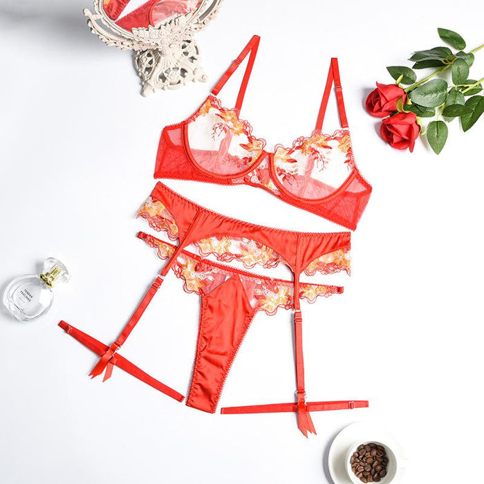 Red Embroidered Lingerie Lace Underwired Push Up Underwear