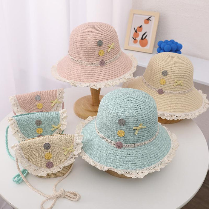 Trendy Three-color Button Children's Lace Straw Hat Bag Set