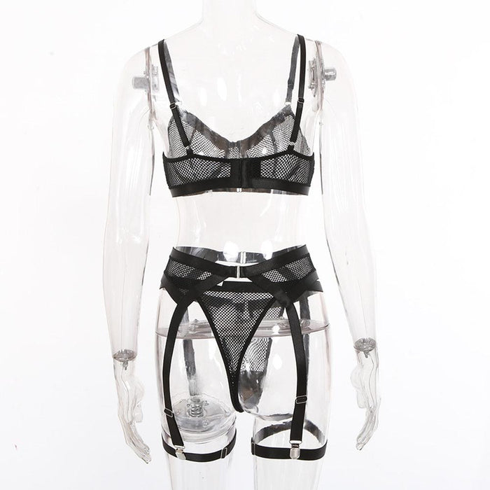 Sexy Mesh Lingerie Women Intimates Underwear Three Piece Set