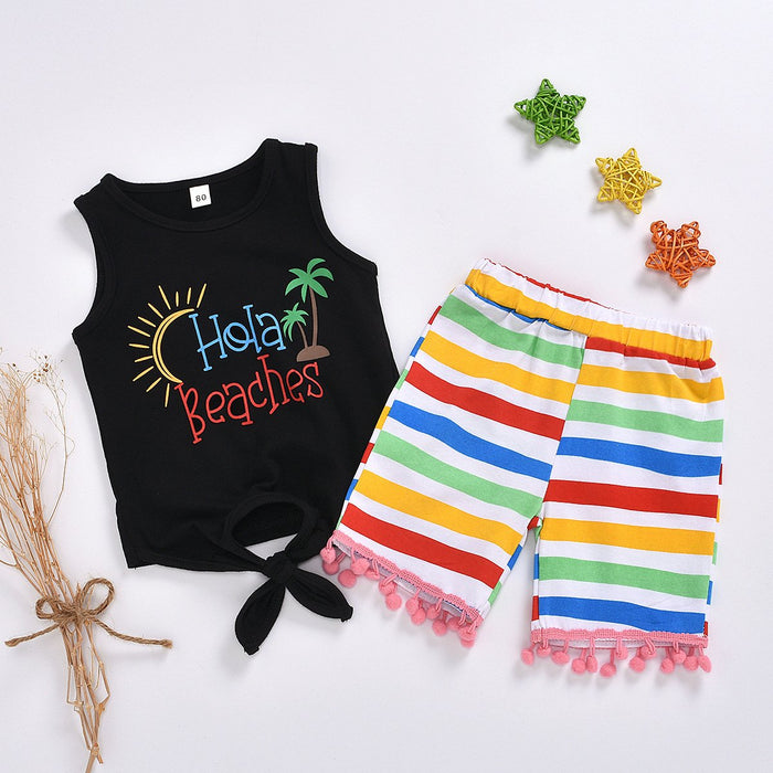 Sleeveless vest letter print top Rainbow Stripe fashion tassel shorts