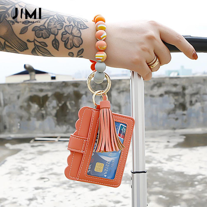 Tassel PU Leather Card Holder Silicone Bead Bracelet Keychain