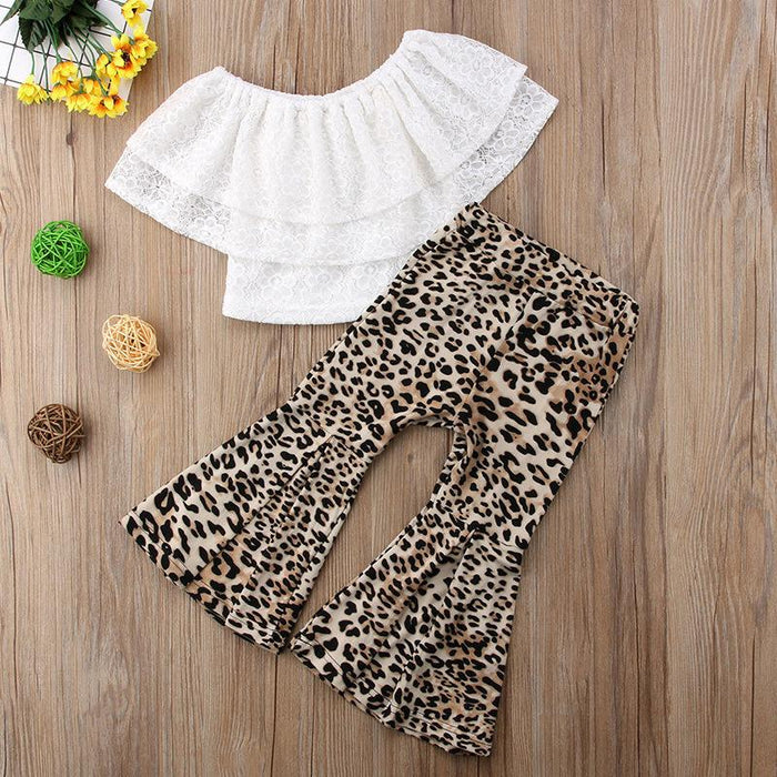 White lotus leaf collar lace top leopard horn Pants Set
