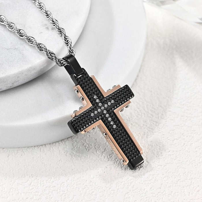 Titanium Steel Checkered Two-color Cross Pendant Necklace