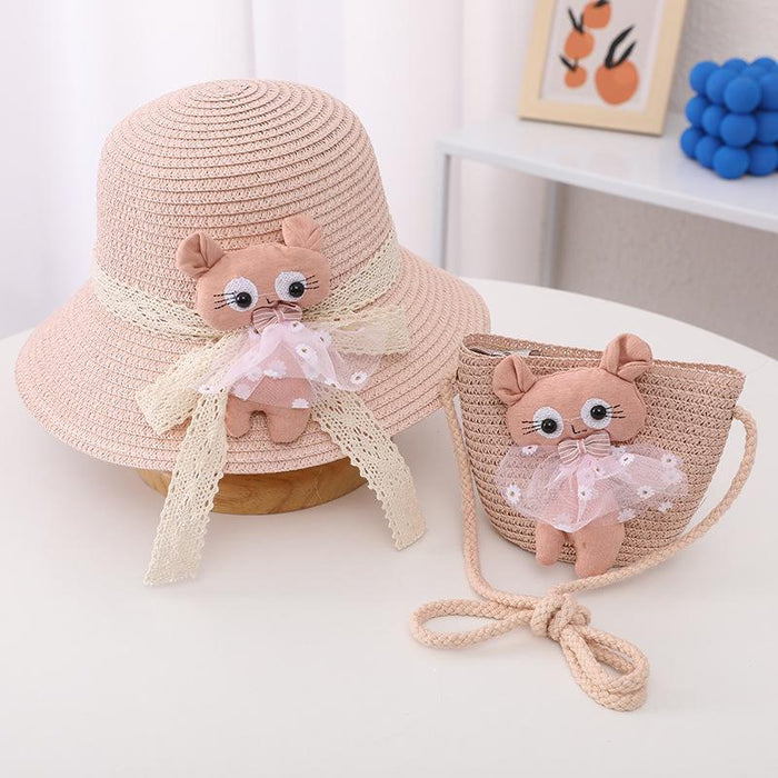 Summer Trendy Lace Cat Children's Grass Bucket Hat Bag Set