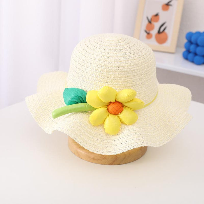 Trendy Three-dimensional Five-petal Flower Children's Wavy Straw Hat Bag Set