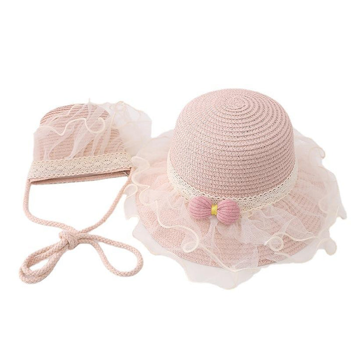 Summer Children's Lace Bow Grass Bucket Hat Bag Set
