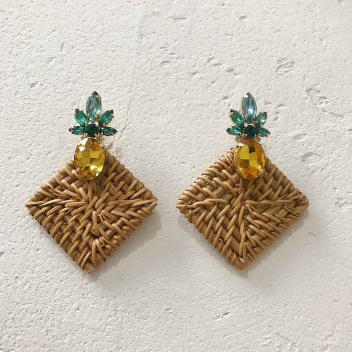 Geometric Round Rhinestone Fruit Pineapple Rattan Earrings