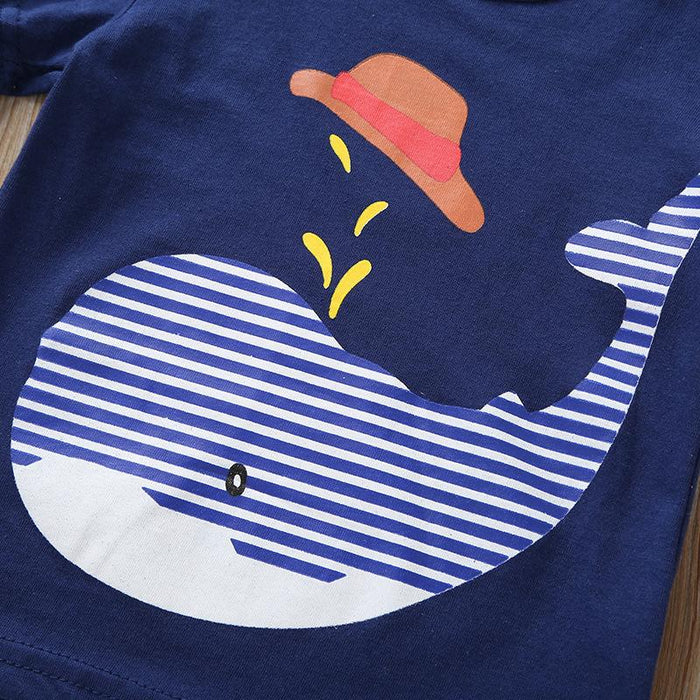 Boys' cartoon dolphin print T-shirt striped shorts two piece set