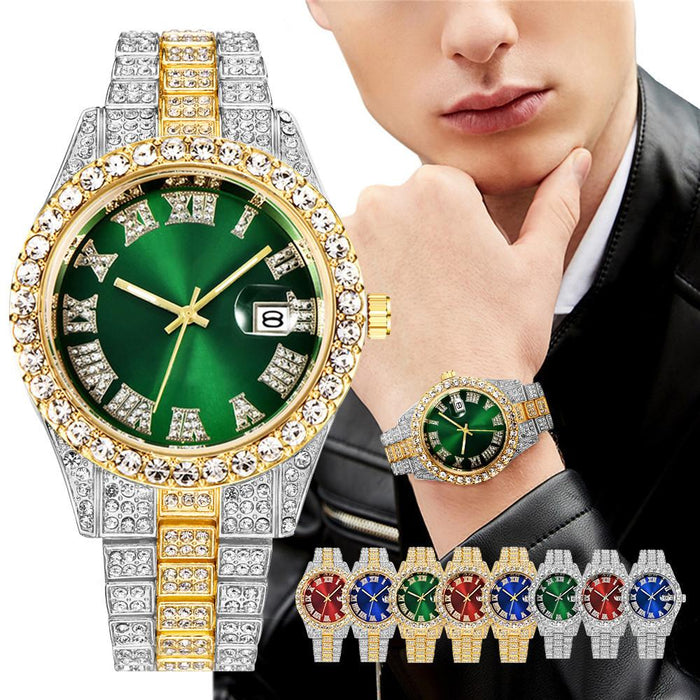 Stainless Steel Watch Big Rhinestone Men's Roman Scale Calendar Hip-hop Watches