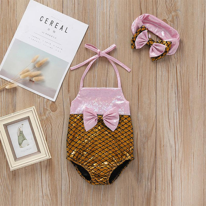 Girls Lovely Mermaid Suspender One-piece Swimsuit Set