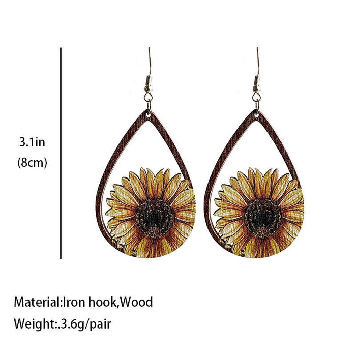 Fashion Drop Shape Sunflower Wooden Women's Earrings