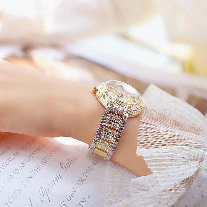 Fashion Stainless Steel Rhinestone Crystal Ladies Quartz Watch Dress Clock