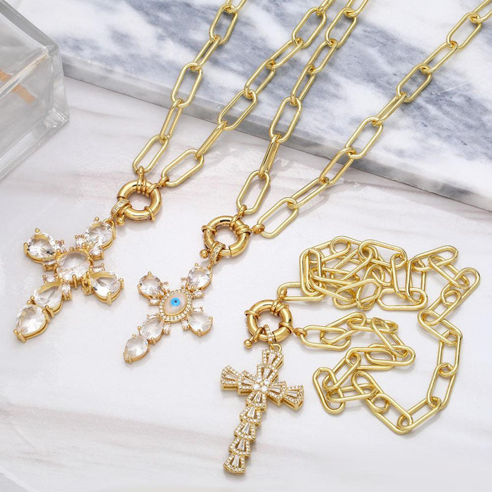 Personality Exaggerated Zircon Inlaid Cross Pendant Necklace