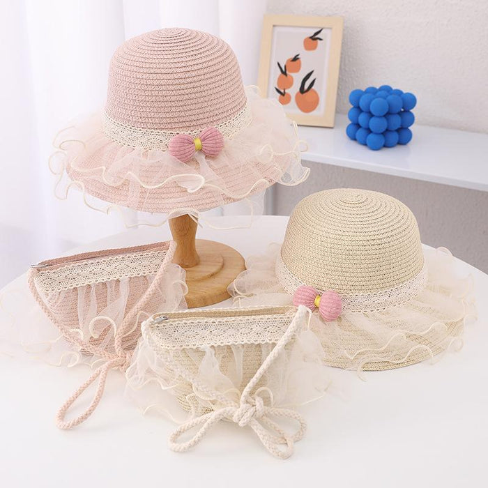 Summer Children's Lace Bow Grass Bucket Hat Bag Set