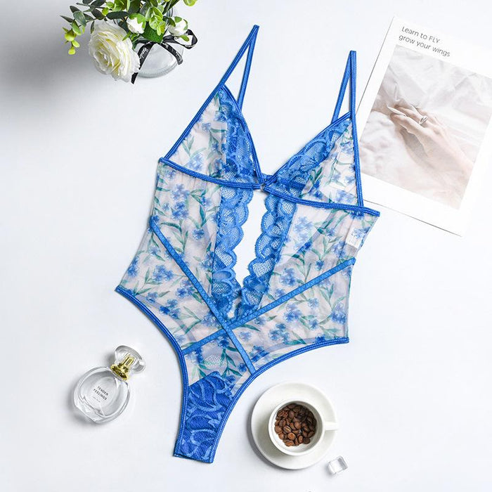 Women's Summer Mesh Lingerie Floral Print Slim Bodysuit