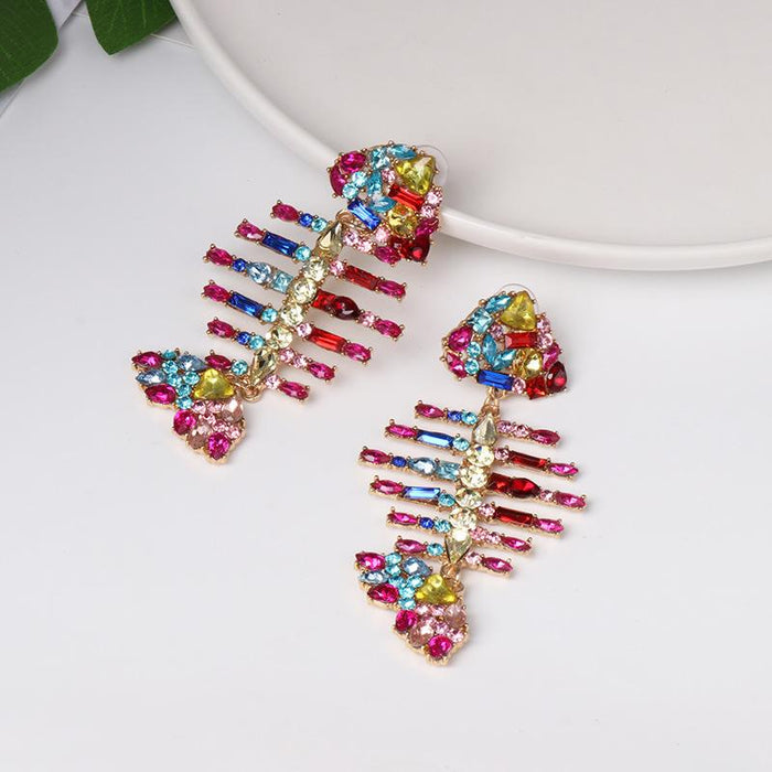 Women's Jewelry Personalized Fishbone Earrings Accessories Inlaid Rhinestone