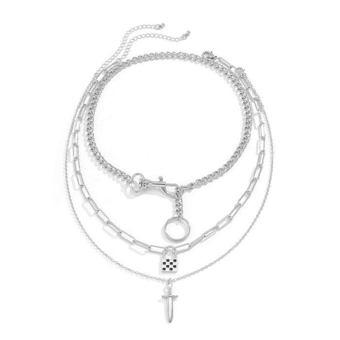 Geometric Hollow Chain Sword Chessboard Pendant Necklace