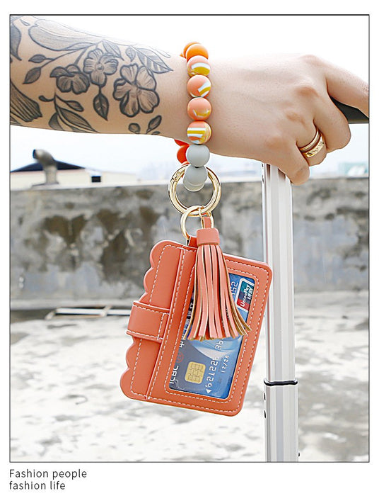 Silicone Leather PU Tassel Card Bag Bracelet Keychain