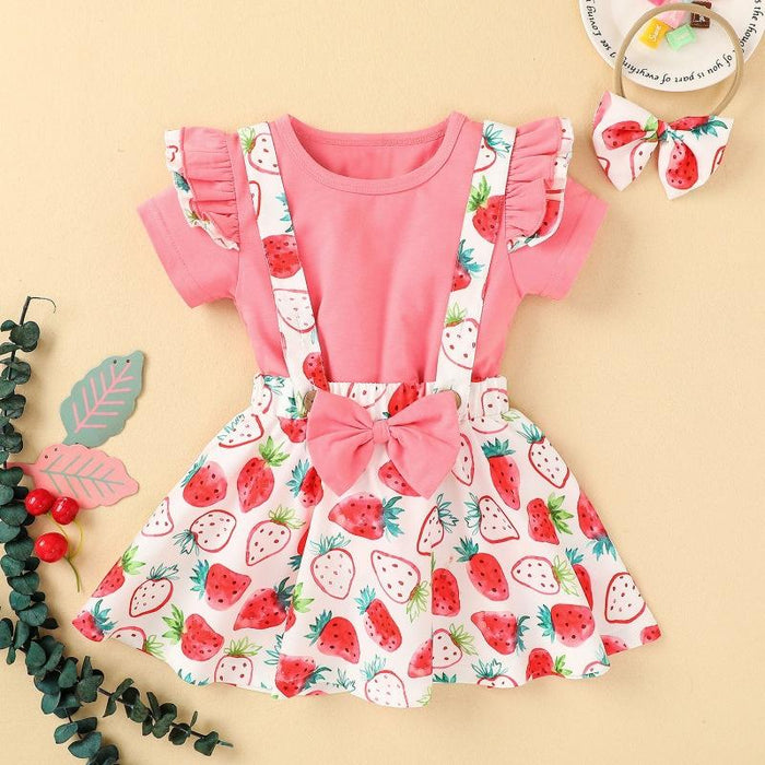 Seasonal strawberry full print strap skirt three pieces