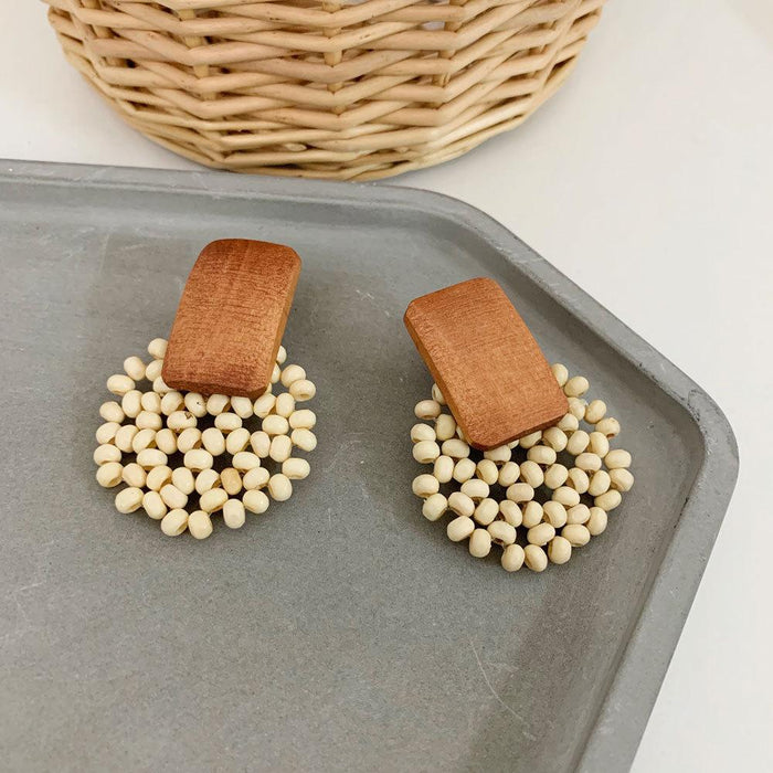 Wooden Bead Woven Geometric Round Earrings Jewelry