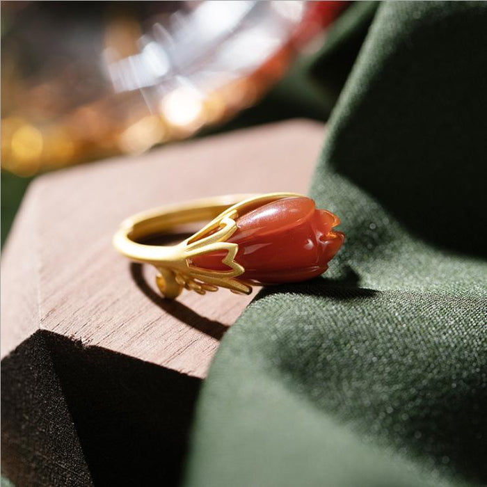 Imitation Agate Magnolia Temperament Women's Opening Gold Ring