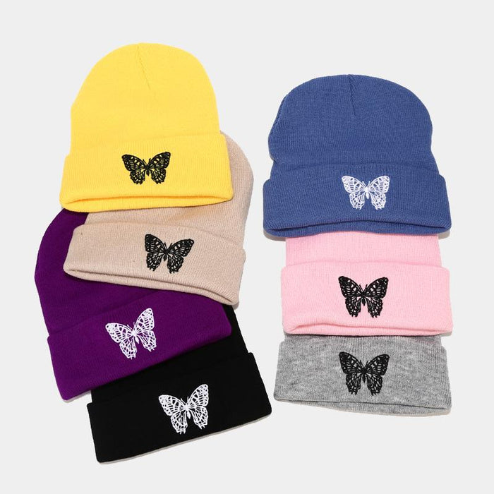 Knitted Beanies Hat Butterfly Embroidery Winter Warm Ski Hats