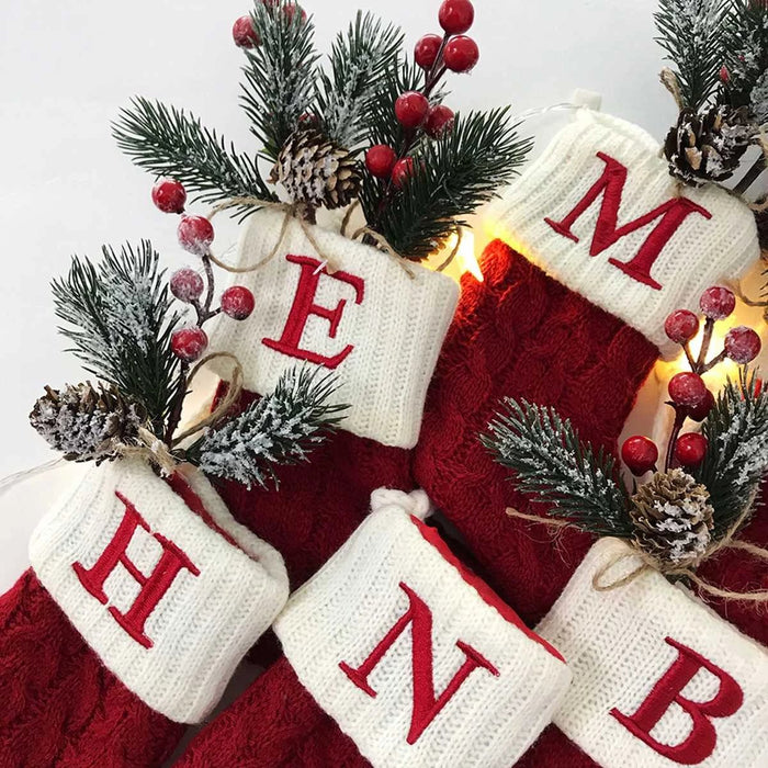 Christmas Socks Knitting Red Snowflake Alphabet Letters Decoration