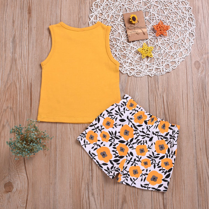 Sleeveless vest chrysanthemum sun printed shorts two piece set