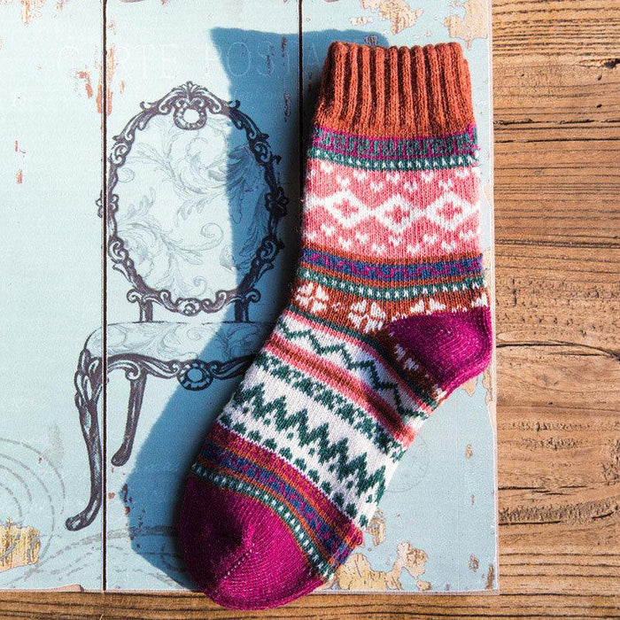 5 Pairs Winter Thick Warm Wool Women Cross Flower Socks