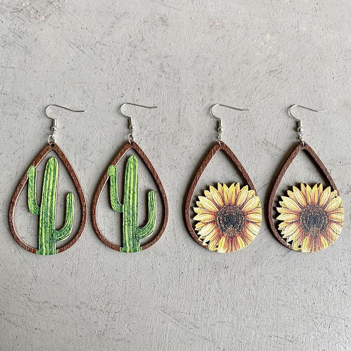 Fashion Drop Shape Sunflower Wooden Women's Earrings