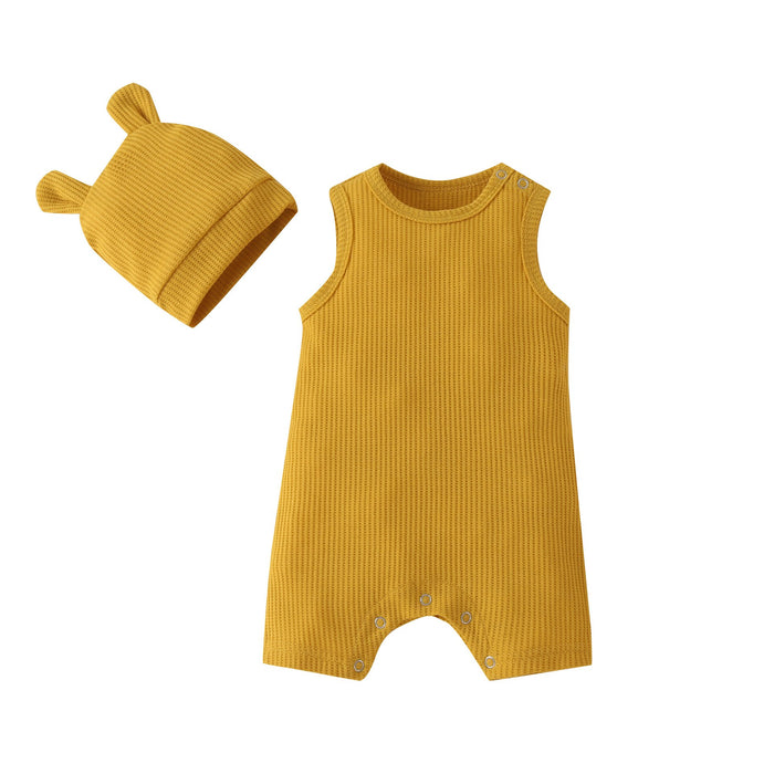 Baby one piece sleeveless creeper suit solid color waffle hat hatchback two piece set