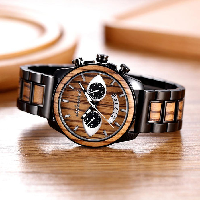 New Men's Wooden Fashion Smiling Face Steel Band Wristwatch