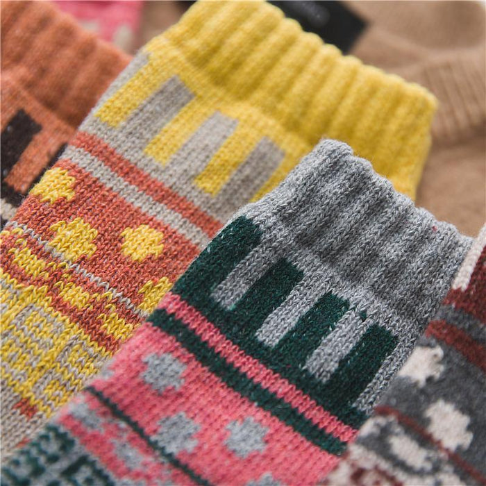 5 Pairs Winter Thick Warm Wool Women Cross Flower Socks