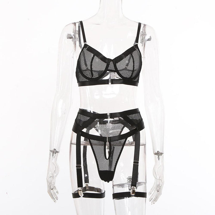 Sexy Mesh Lingerie Women Intimates Underwear Three Piece Set