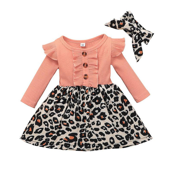 Gilrs Leopard Long Sleeve Skirt with Headband