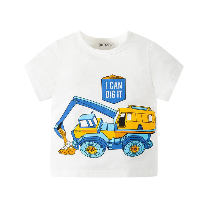 Children cartoon car short sleeve T-shirt excavator print top