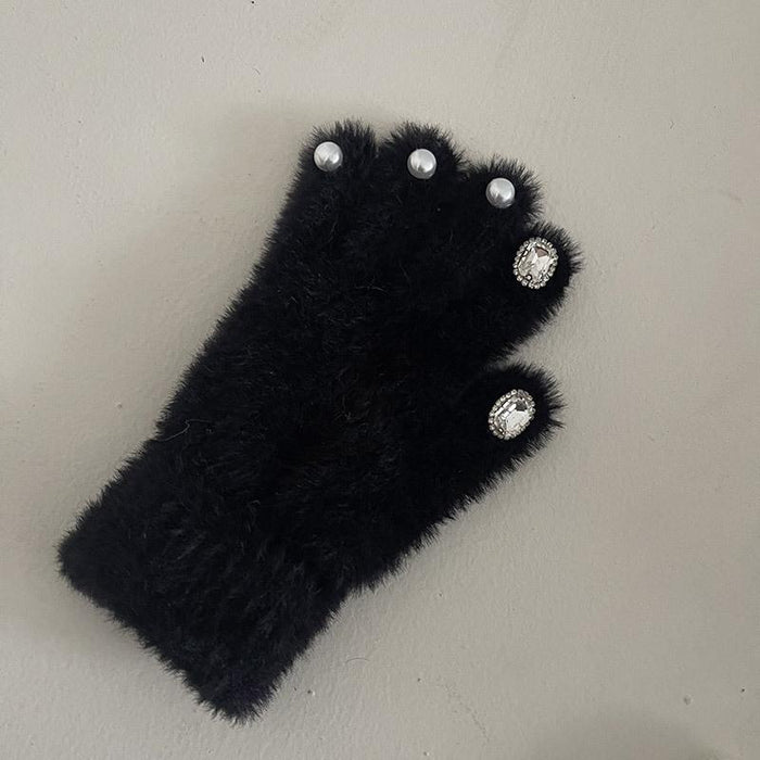 Rhinestone Pearl Warm Thickened Five Finger Gloves