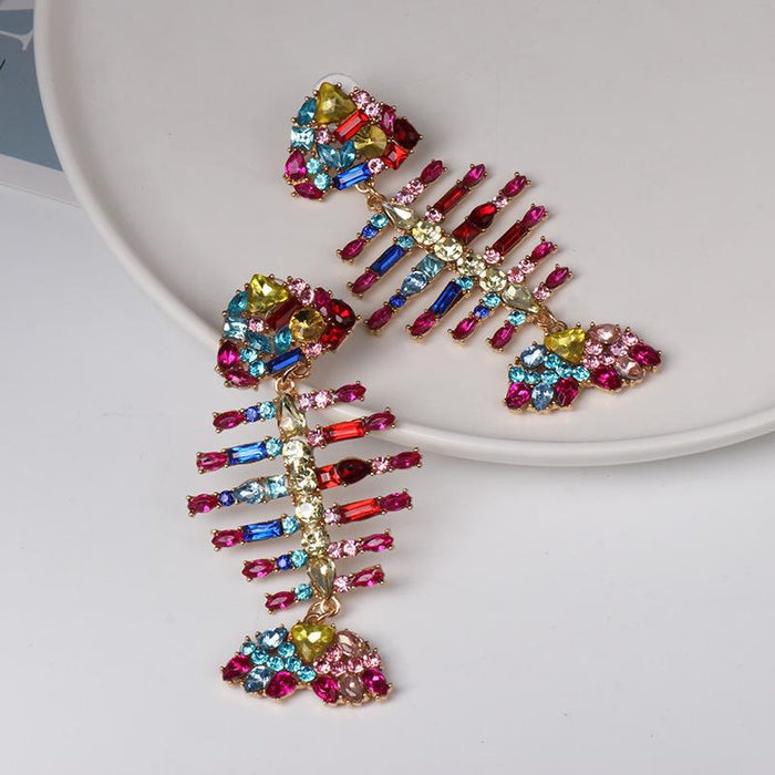 Women's Jewelry Personalized Fishbone Earrings Accessories Inlaid Rhinestone