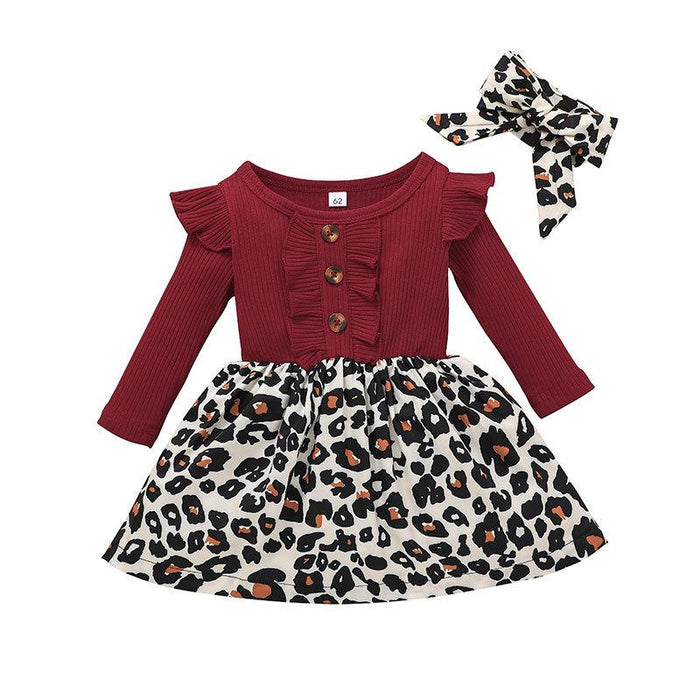 Gilrs Leopard Long Sleeve Skirt with Headband