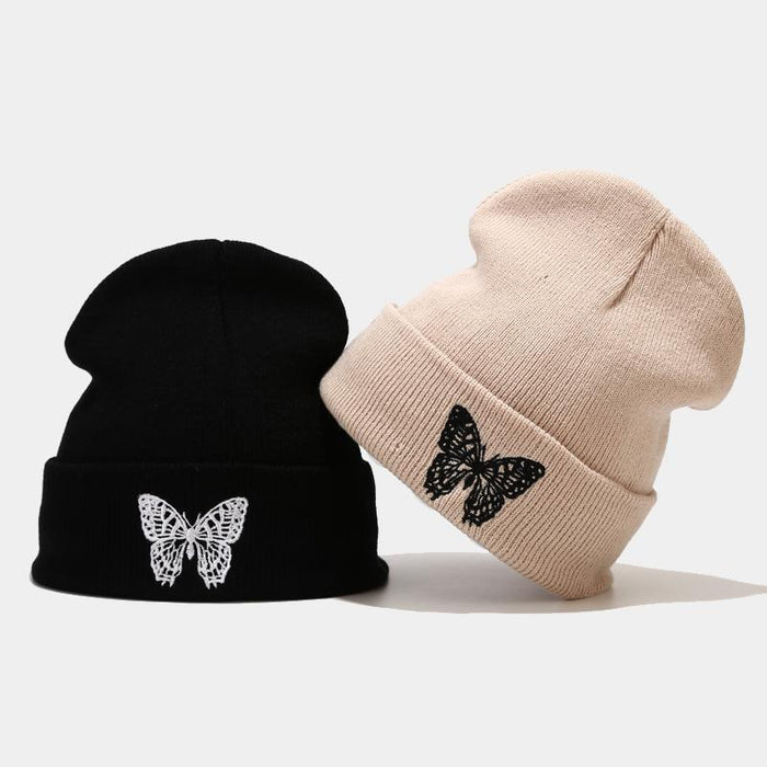 Knitted Beanies Hat Butterfly Embroidery Winter Warm Ski Hats