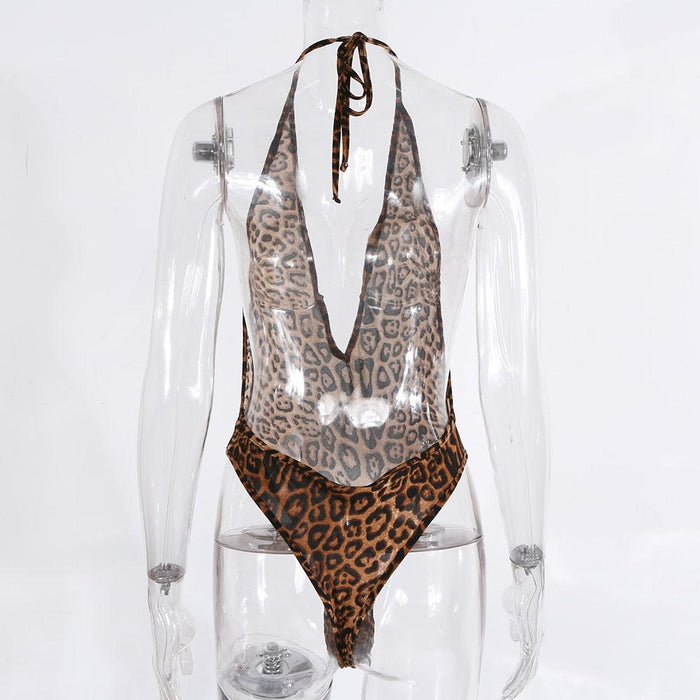 Women's Leopard Print Backless Lingerie Sexy Halter Bodysuit