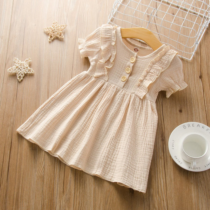 Cotton linen short sleeve stitched girls dress