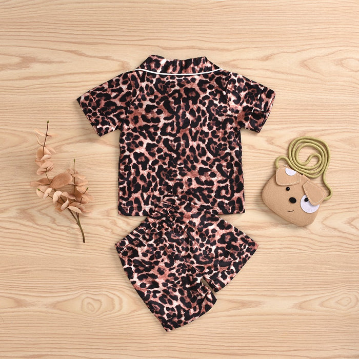 Thin home pajamas suit leopard Shirt Top Shorts two pieces