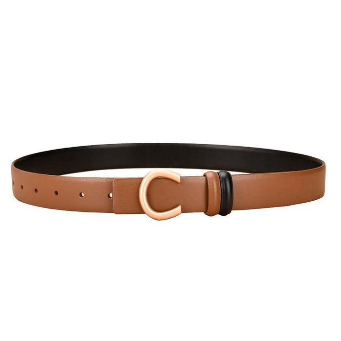 Women's leather belt can be worn on both sides with inner buckle and simple thin belt